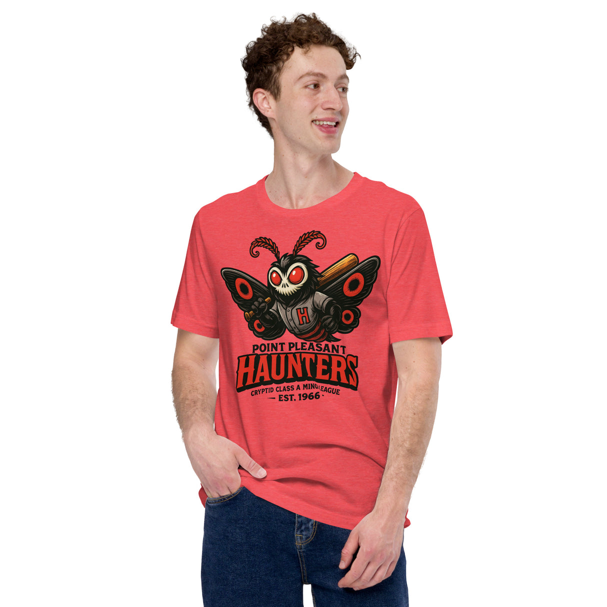 Male model wearing the Heather Red Outfield Outlaws Haunters tee, showcasing the bold cryptid baseball graphic inspired by the legend of the Mothman.