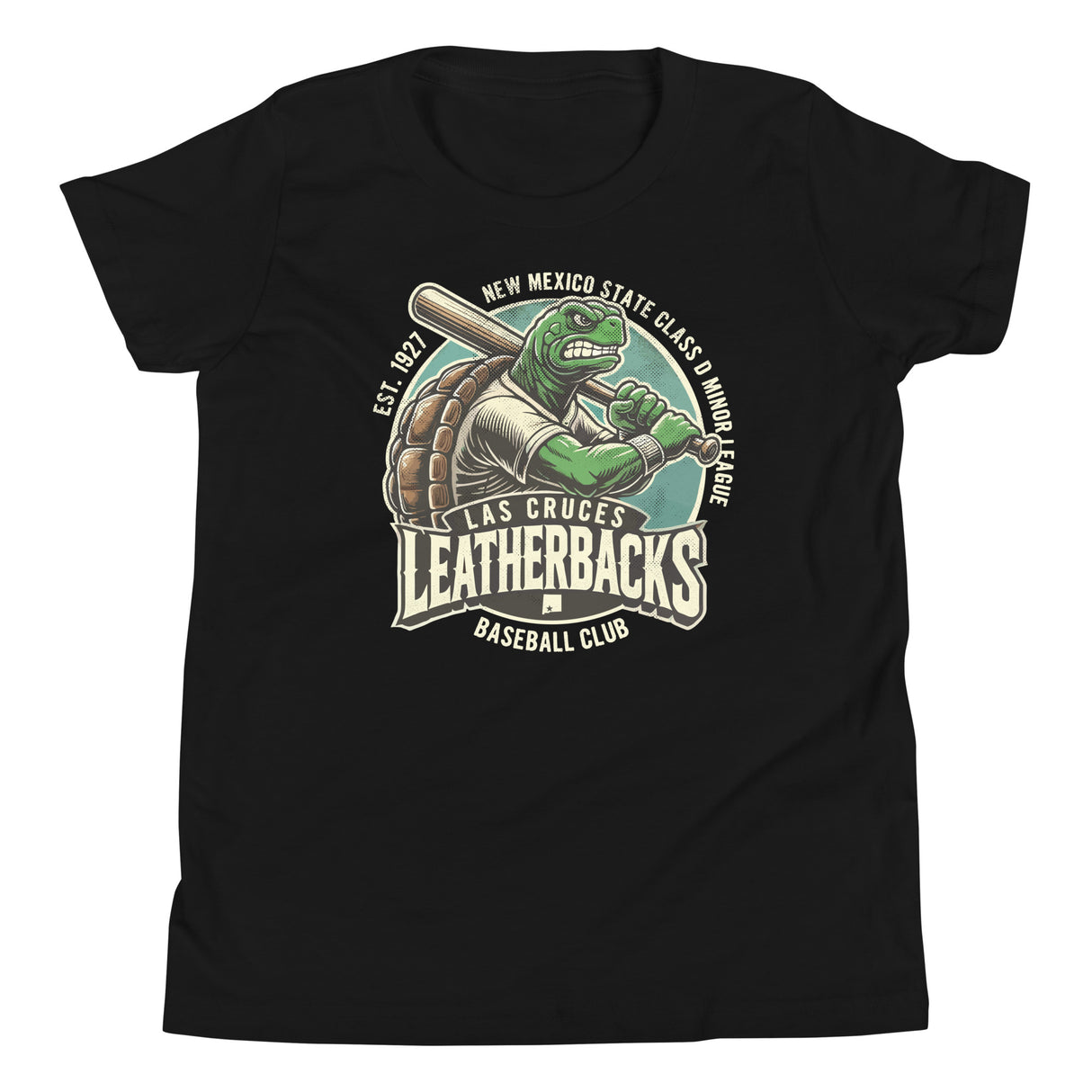 Flat lay of youth Bella+Canvas t-shirt in black featuring Las Cruces Leatherbacks turtle mascot in a retro baseball pose