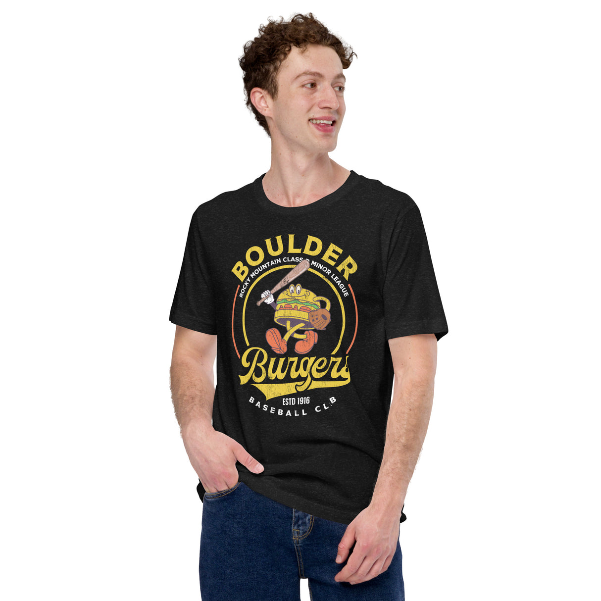 Man wearing black Outfield Outlaws Boulder Burgers tee with vintage baseball mascot