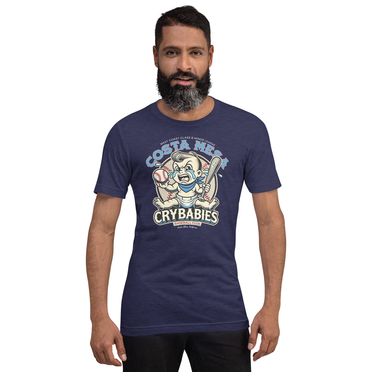 Male model wearing the Costa Mesa Crybabies retro baseball t-shirt in heather navy, featuring an old school minor league baby mascot.