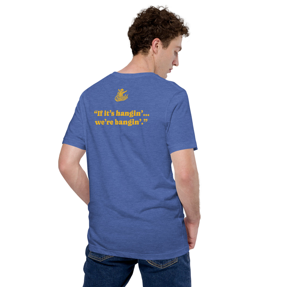 Male model showing back view of Deep Ball Dumpers t-shirt in heather royal blue with slogan '"If it's hangin'... we're bangin'."