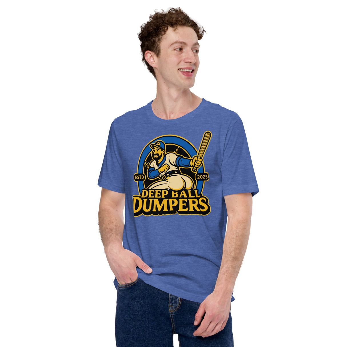 Male model wearing Deep Ball Dumpers shirt in heather royal blue, showcasing retro baseball graphic on front.