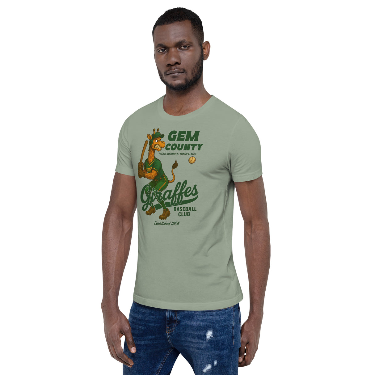 Man modeling sage green Outfield Outlaws t-shirt with giraffe baseball mascot on front