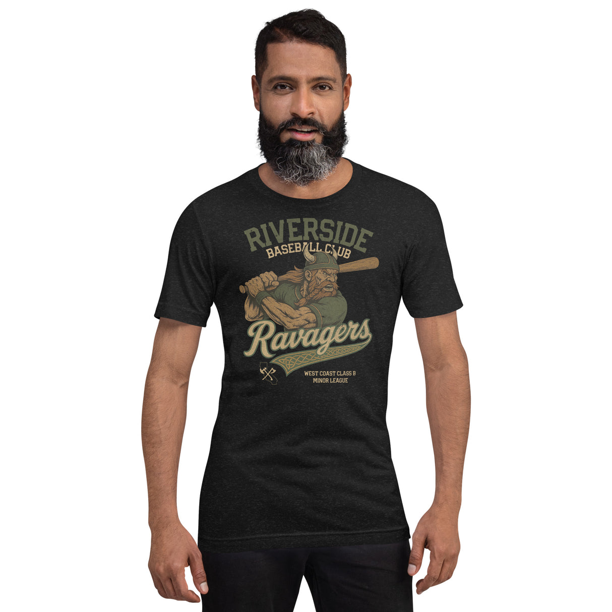 Adult male wearing Riverside Ravagers t-shirt in heather black, featuring retro Viking mascot design by Outfield Outlaws.