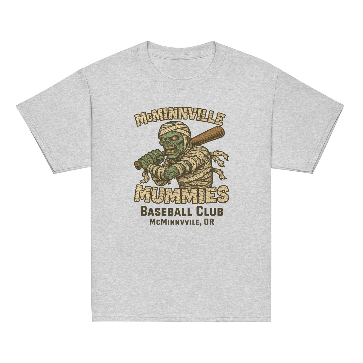 Flat lay of McMinnville Mummies youth retro baseball t-shirt in athletic heather, featuring vintage mummy mascot and old-school baseball design.
