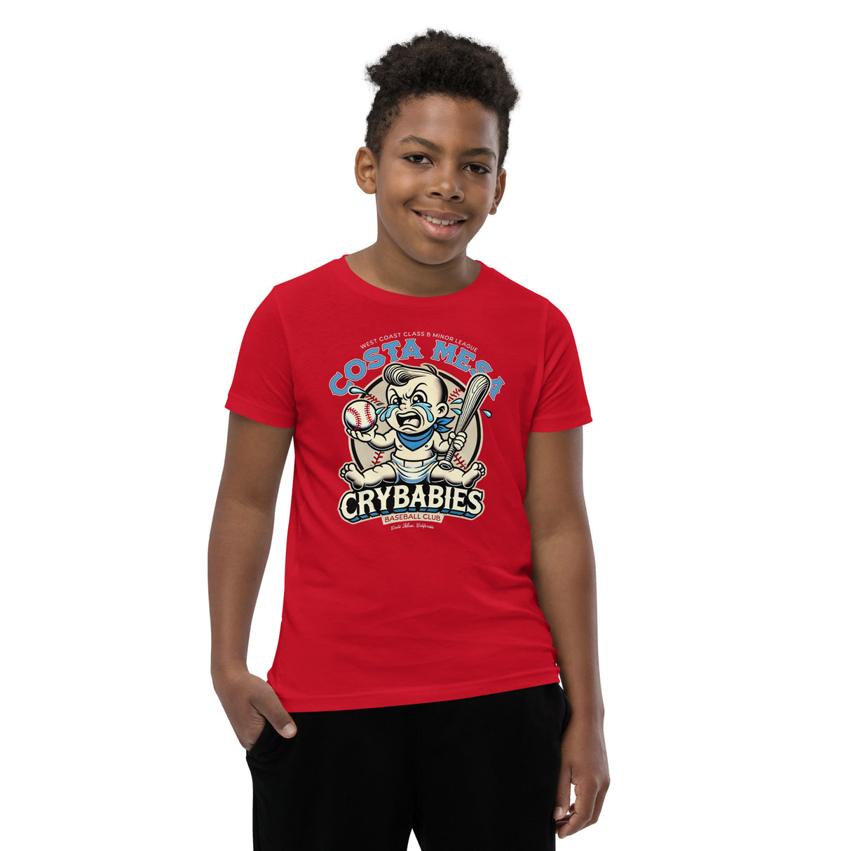 Young boy wearing heather red Costa Mesa Crybabies youth tee showing front and back design with retro mascot