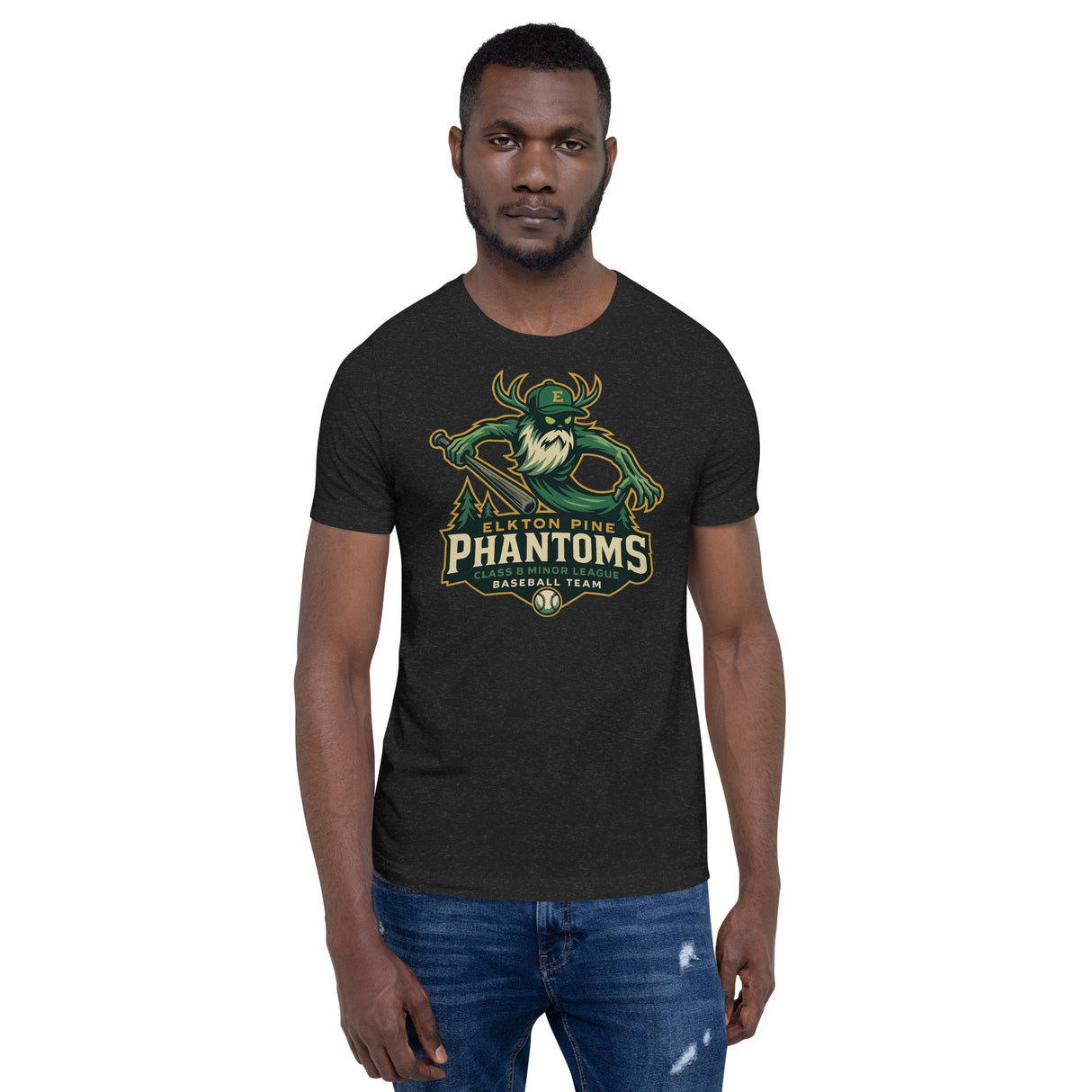 Male model wearing Elkton Pine Phantoms vintage baseball shirt in heather black featuring forest Wendigo mascot artwork