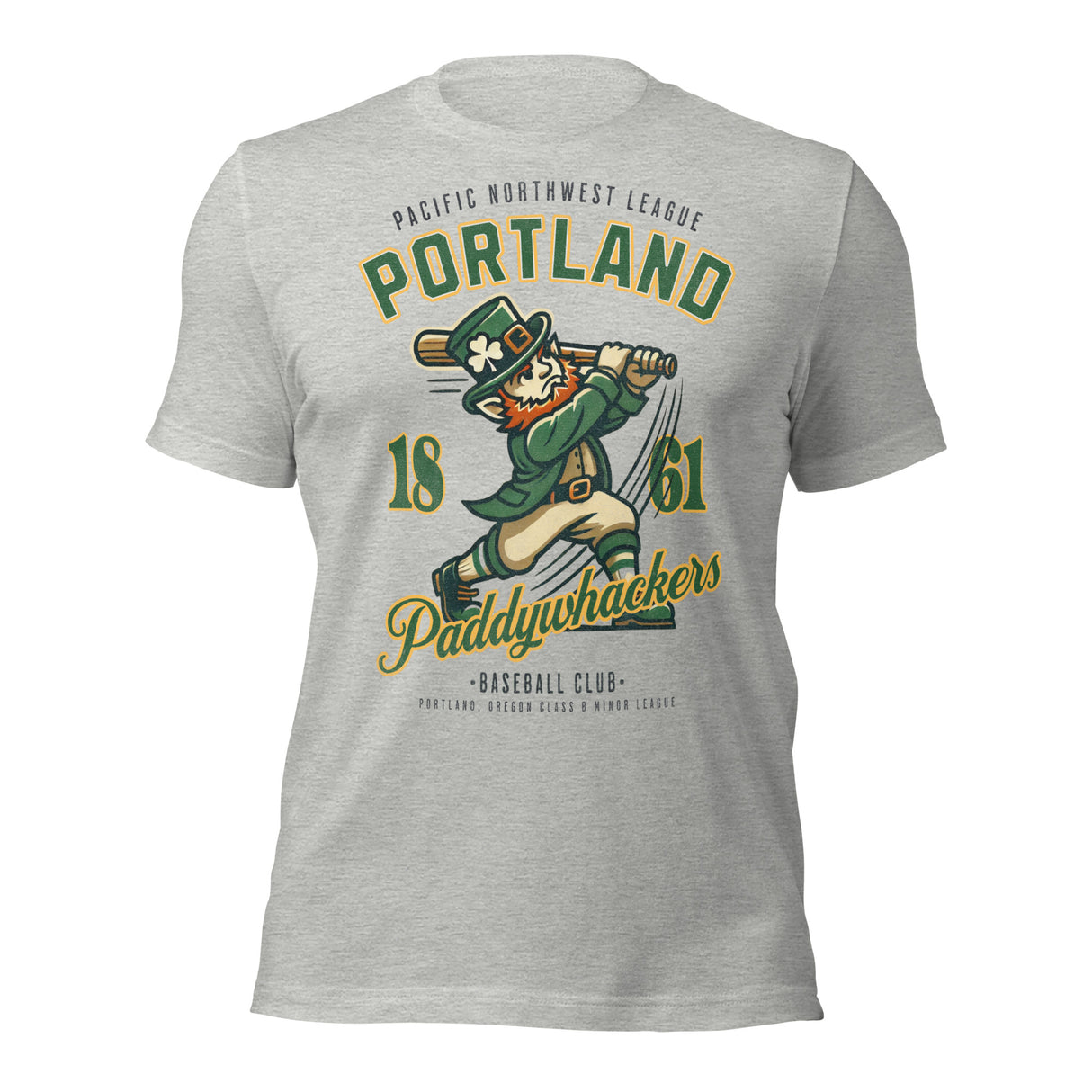 Flat lay of Portland Paddywhackers t-shirt in athletic heather with bold retro leprechaun baseball graphic.
