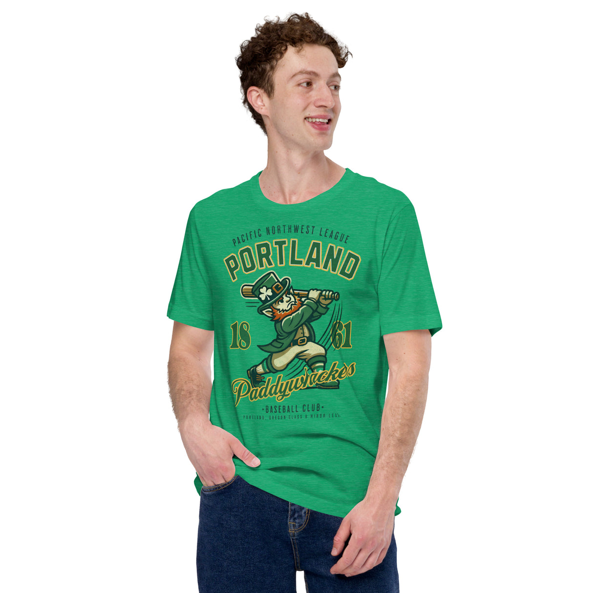 Male model wearing Portland Paddywhackers tee in kelly heather green, featuring vintage Irish baseball design.
