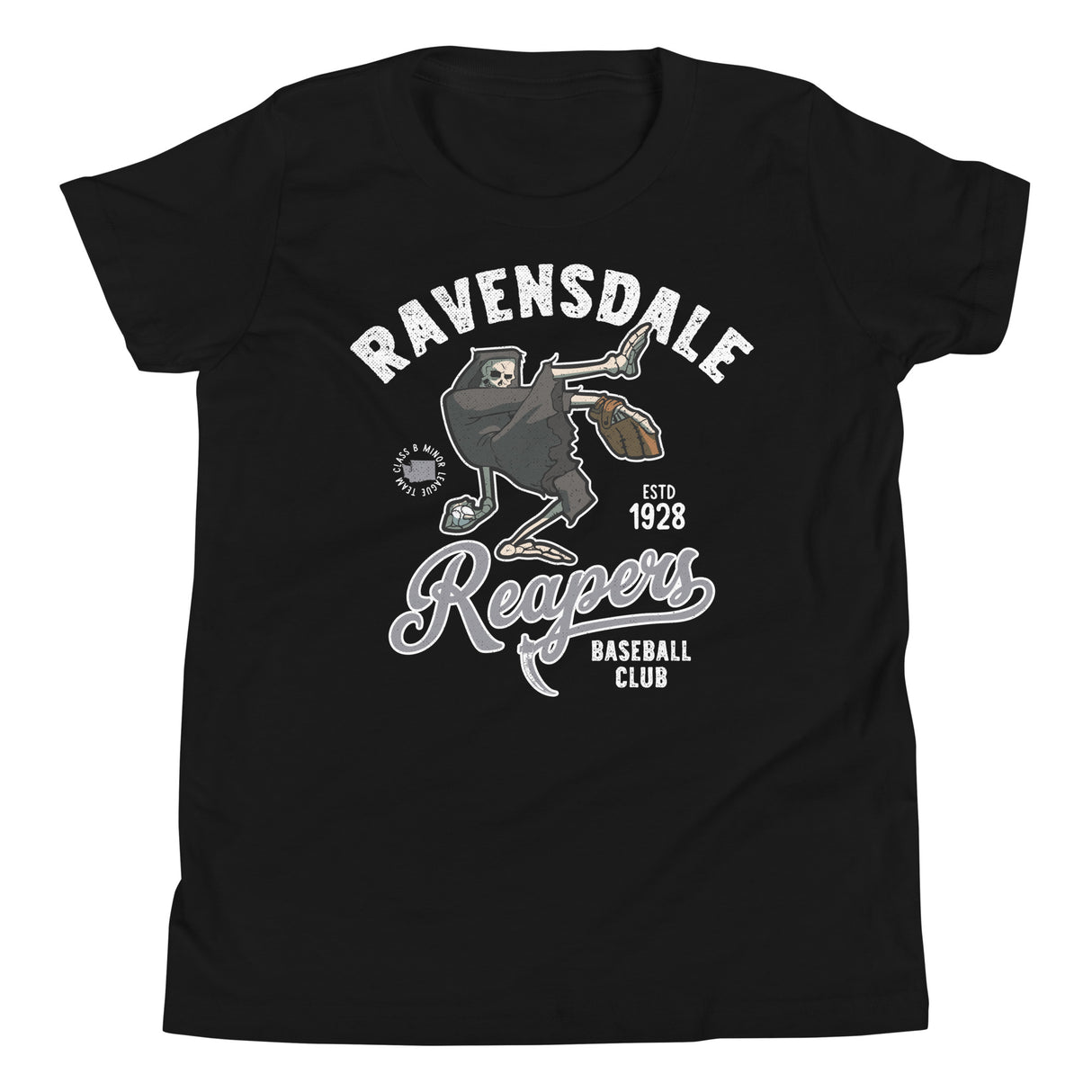 Flat lay of the Ravensdale Reapers youth vintage baseball t-shirt in black featuring a grim reaper mascot and retro minor league design.