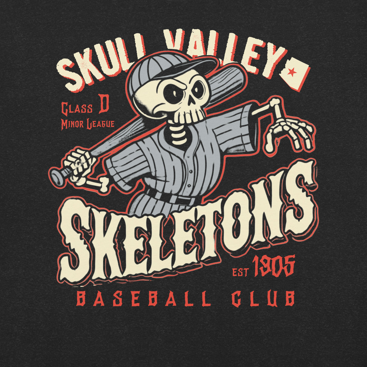 Closeup of Skull Valley Skeletons shirt graphic on heather black showing vintage skeleton baseball player and distressed retro print