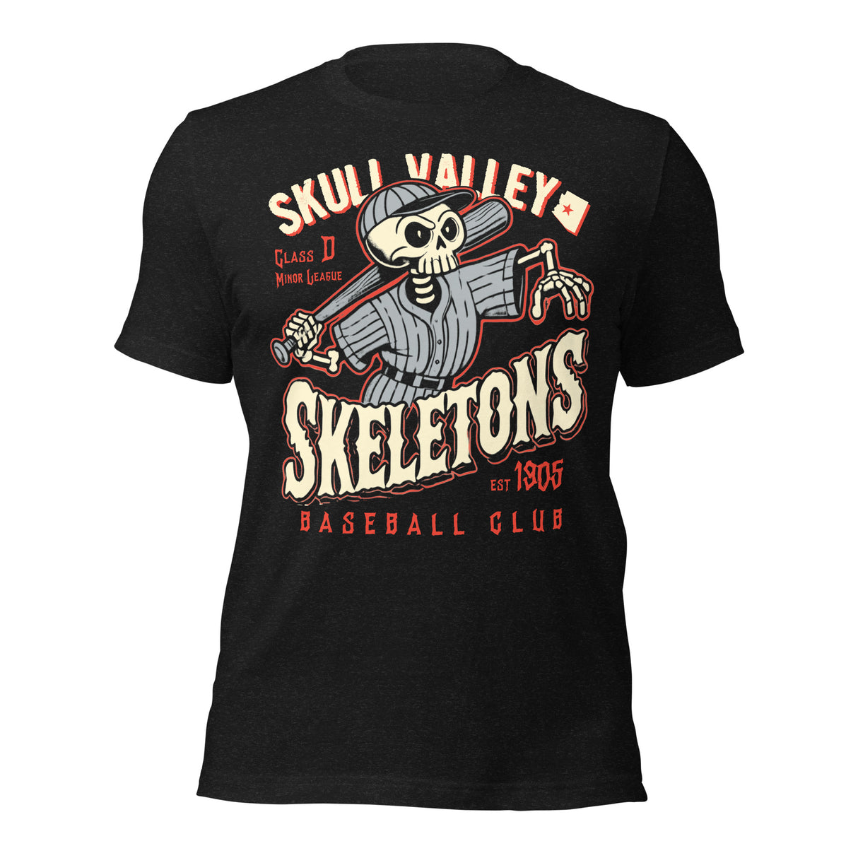 Flat lay of Skull Valley Skeletons retro baseball t-shirt in heather black with vintage skeleton batter graphic