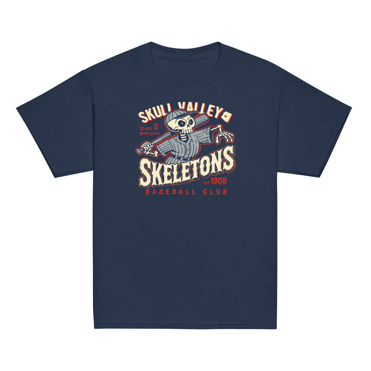Flat lay of Skull Valley Skeletons youth baseball t-shirt in heather navy, retro skeleton baseball design