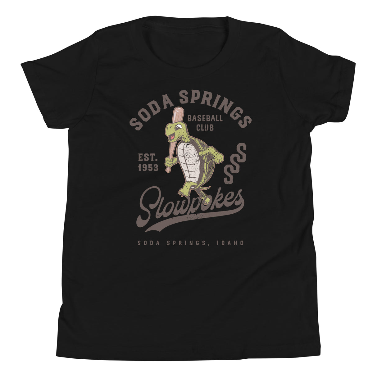 Soda Springs Slow Pokes Youth Shirt ā Black Bella Canvas Flat Lay