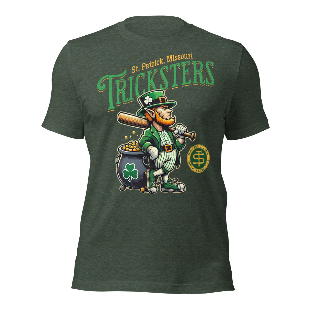 Flat lay of Outfield Outlaws adult t-shirt featuring the St. Patrick Tricksters leprechaun mascot design on Heather Forest Green.