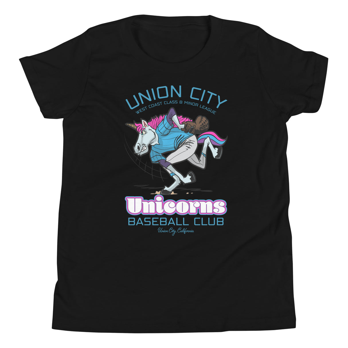 Union City Unicorns Youth Black T-Shirt – Magical Mascot Flat Lay