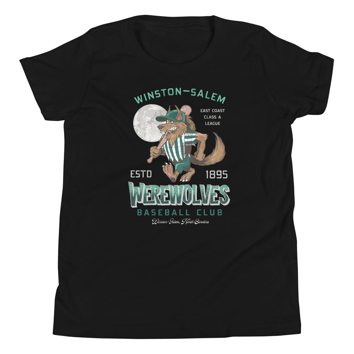 Winston-Salem Werewolves Youth Mascot Shirt – Black Bella Canvas Flat Lay