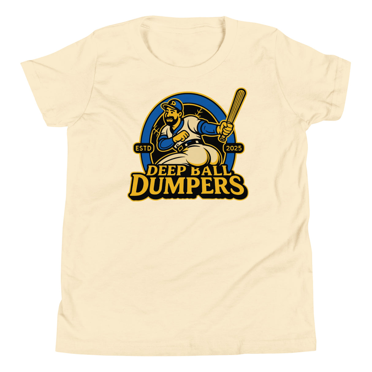 Flat lay of natural color youth tee with retro Deep Ball Dumpers logo on the front.