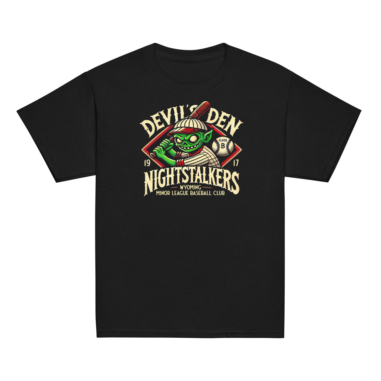 Flat lay of youth Devil’s Den Nightstalkers t-shirt in black featuring a vintage goblin baseball mascot