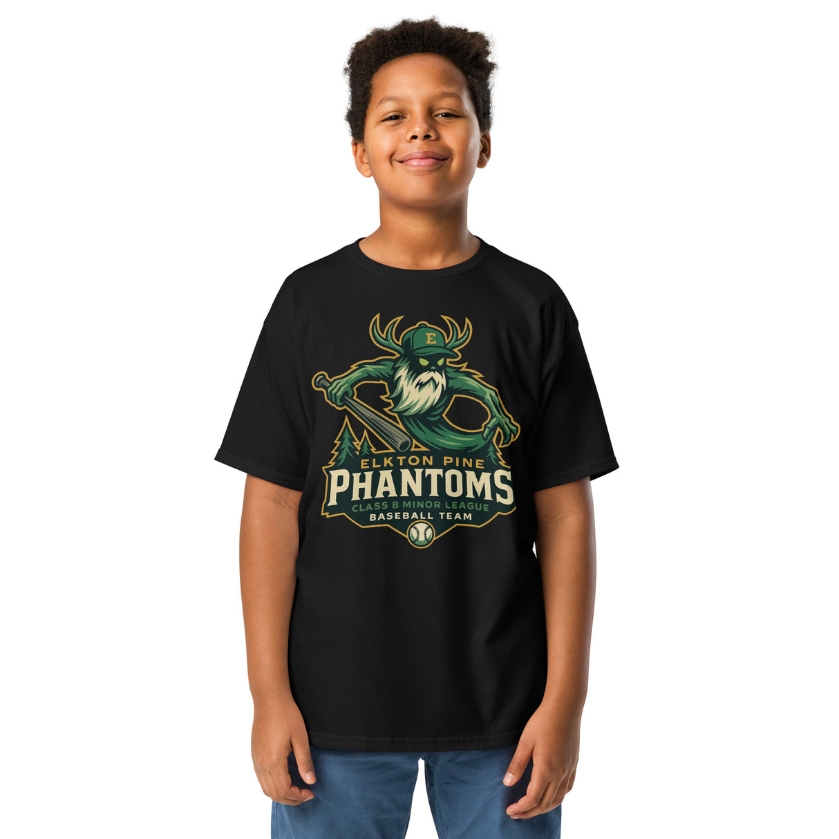 Young boy wearing Elkton Pine Phantoms black retro baseball t-shirt featuring Wendigo cryptid mascot