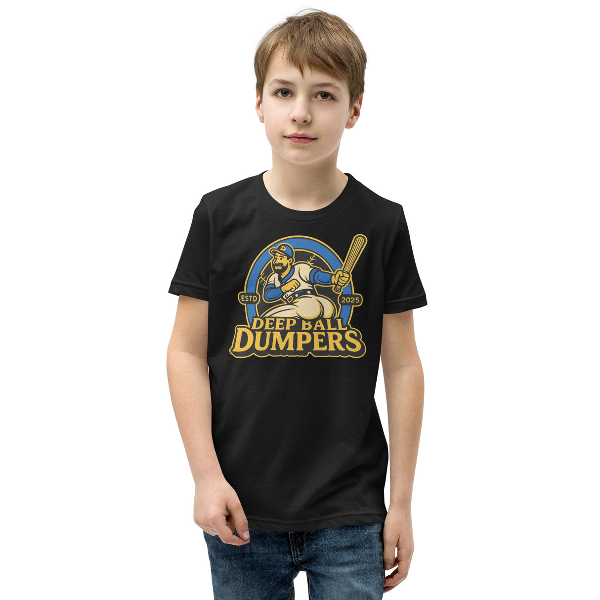Smiling boy wearing heather black Deep Ball Dumpers tee featuring retro baseball mascot graphic on front.