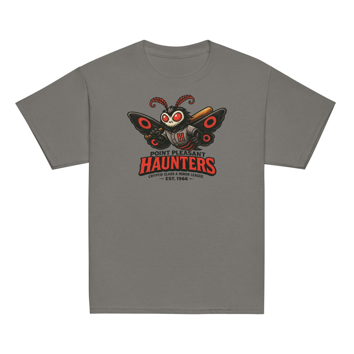 Flat lay of youth Point Pleasant Haunters t-shirt in charcoal with Mothman mascot graphic from Outfield Outlaws Cryptid Collection