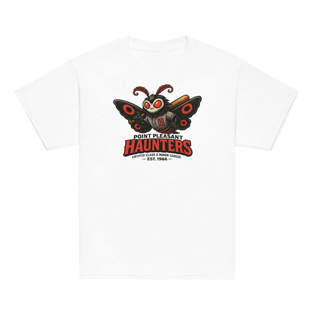 Flat lay of youth Point Pleasant Haunters t-shirt in white featuring Mothman baseball design from Outfield Outlaws