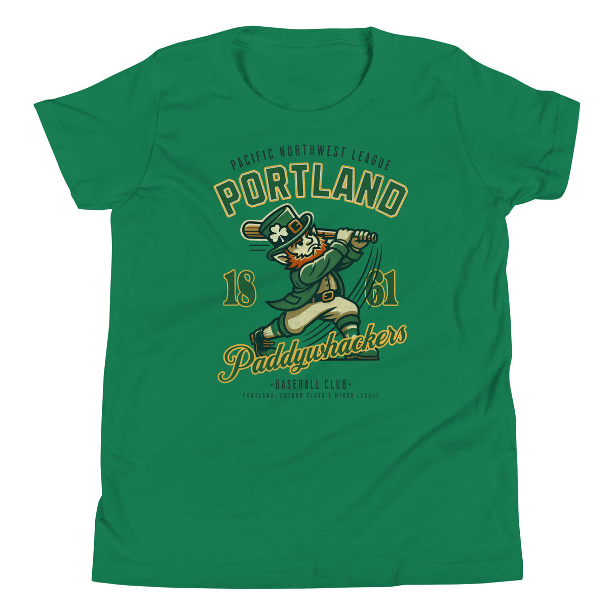Youth-sized Portland Paddywhackers t-shirt in kelly heather green featuring a swinging leprechaun graphic in a vintage baseball uniform.