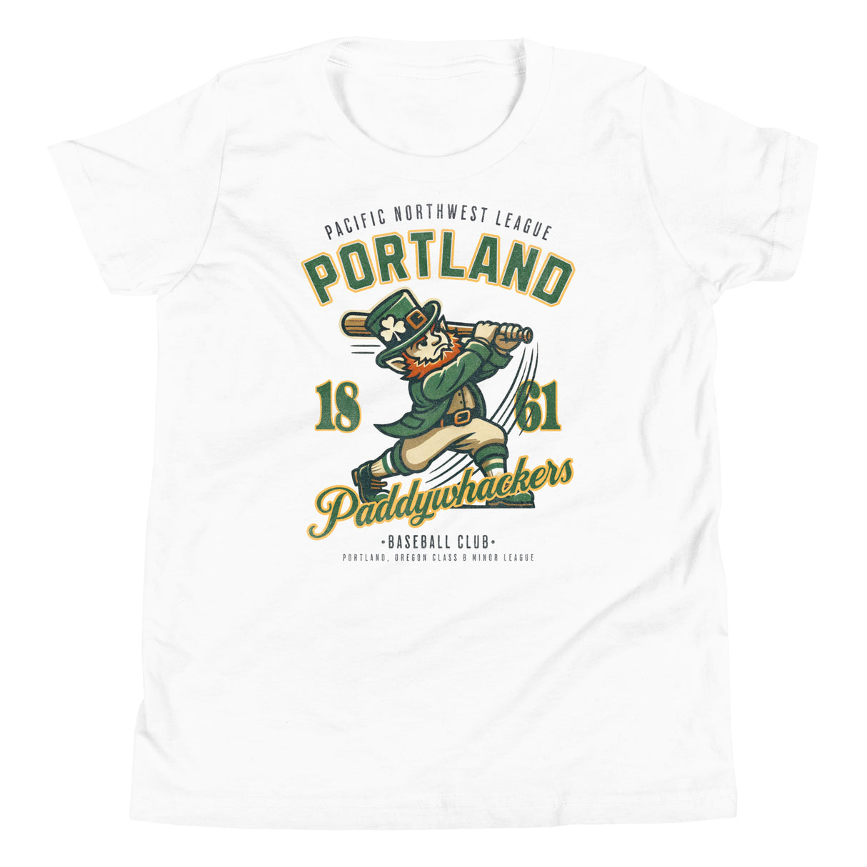 Youth-sized Portland Paddywhackers t-shirt in white, showcasing retro leprechaun baseball graphic and classic script.
