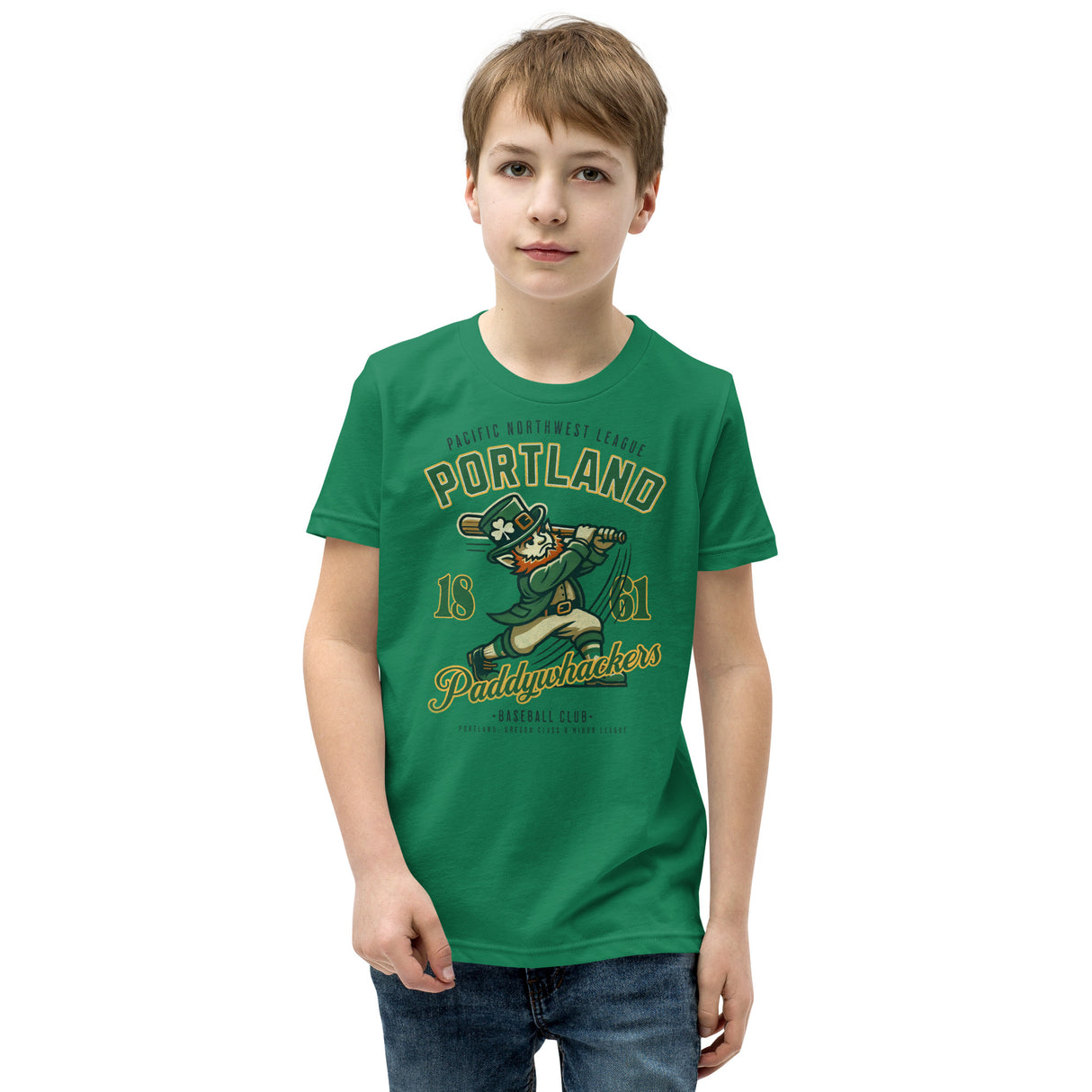 Young boy wearing Portland Paddywhackers youth t-shirt in kelly heather green, featuring vintage leprechaun baseball mascot graphic on the front.