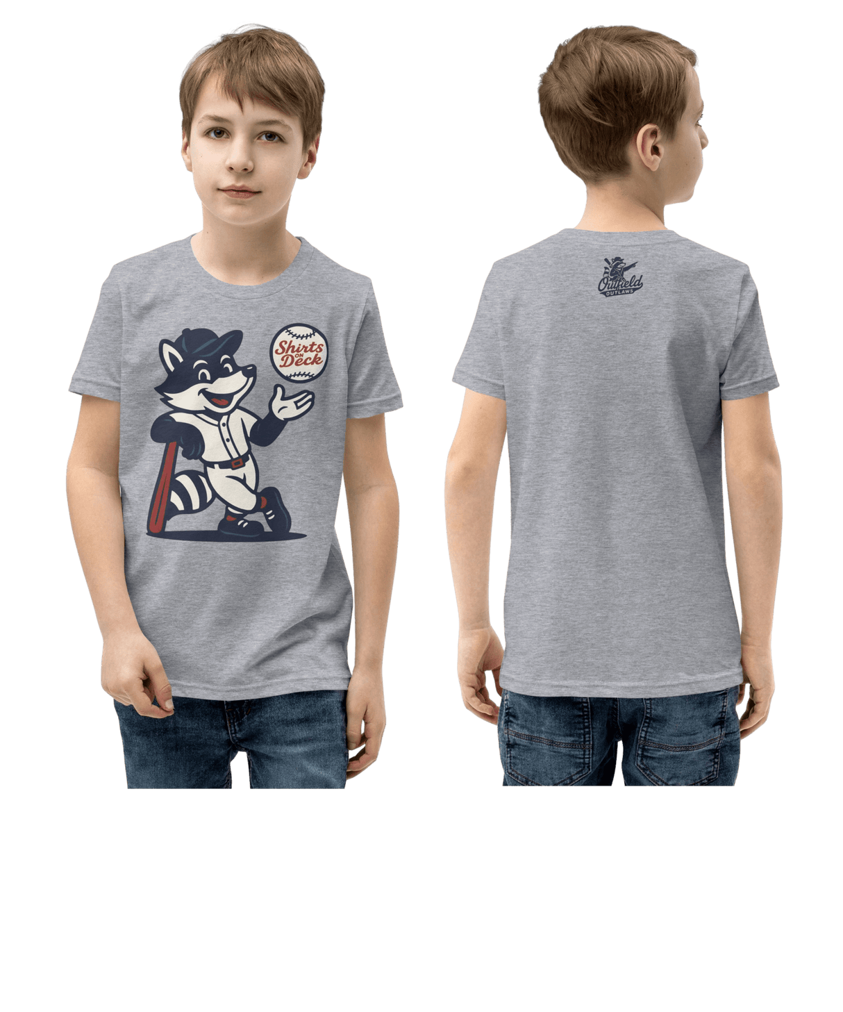 Young boy wearing gray Outfield Outlaws Shirts On Deck t-shirt featuring mascot Rookie the Raccoon on front and Outfield Outlaws logo at neckline