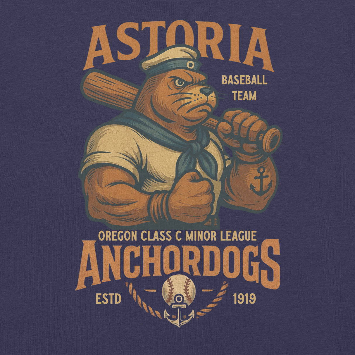 Close-up of Astoria Anchordogs t-shirt graphic featuring tough sea lion sailor with bat and anchor tattoo