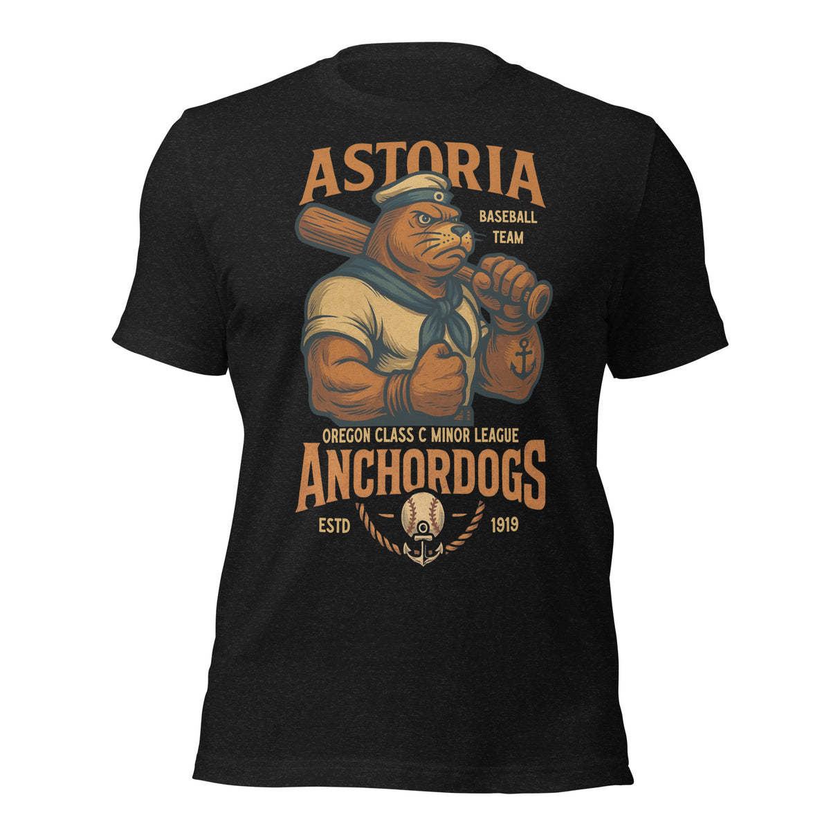 Flat lay of black Astoria Anchordogs t-shirt featuring vintage-style sea lion baseball mascot design on premium unisex Bella Canvas tee