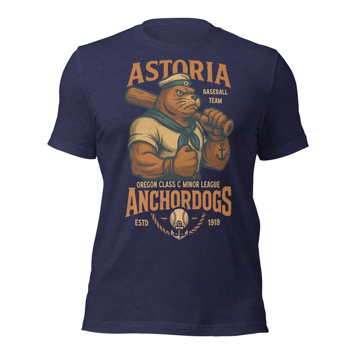 Flat lay of Astoria Anchordogs t-shirt in heather navy with retro sailor sea lion baseball mascot printed on Bella Canvas 3001