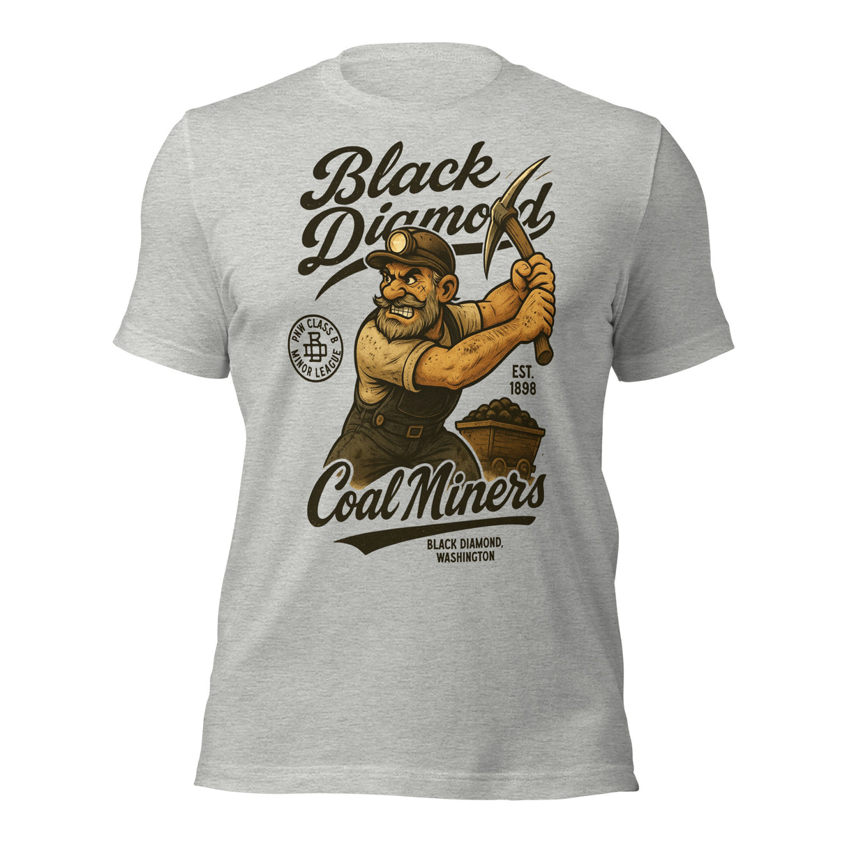 Flat lay of Black Diamond Coal Miners tee in Athletic Heather featuring the classic retro miner graphic on front.