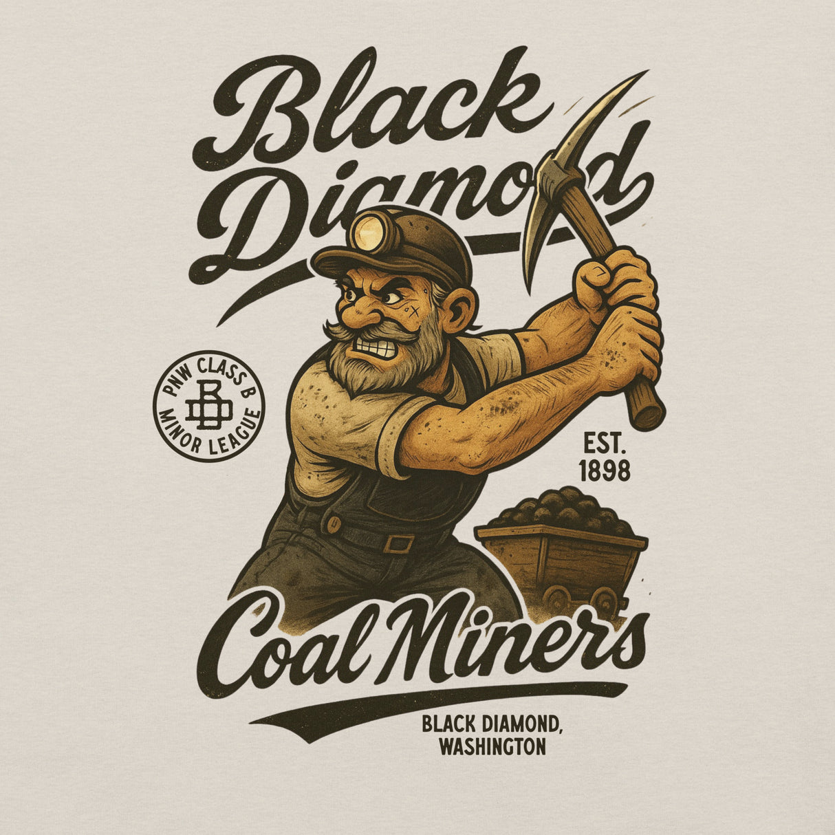 Close-up view of the vintage coal miner graphic and textured typography on Heather Dust Black Diamond tee.