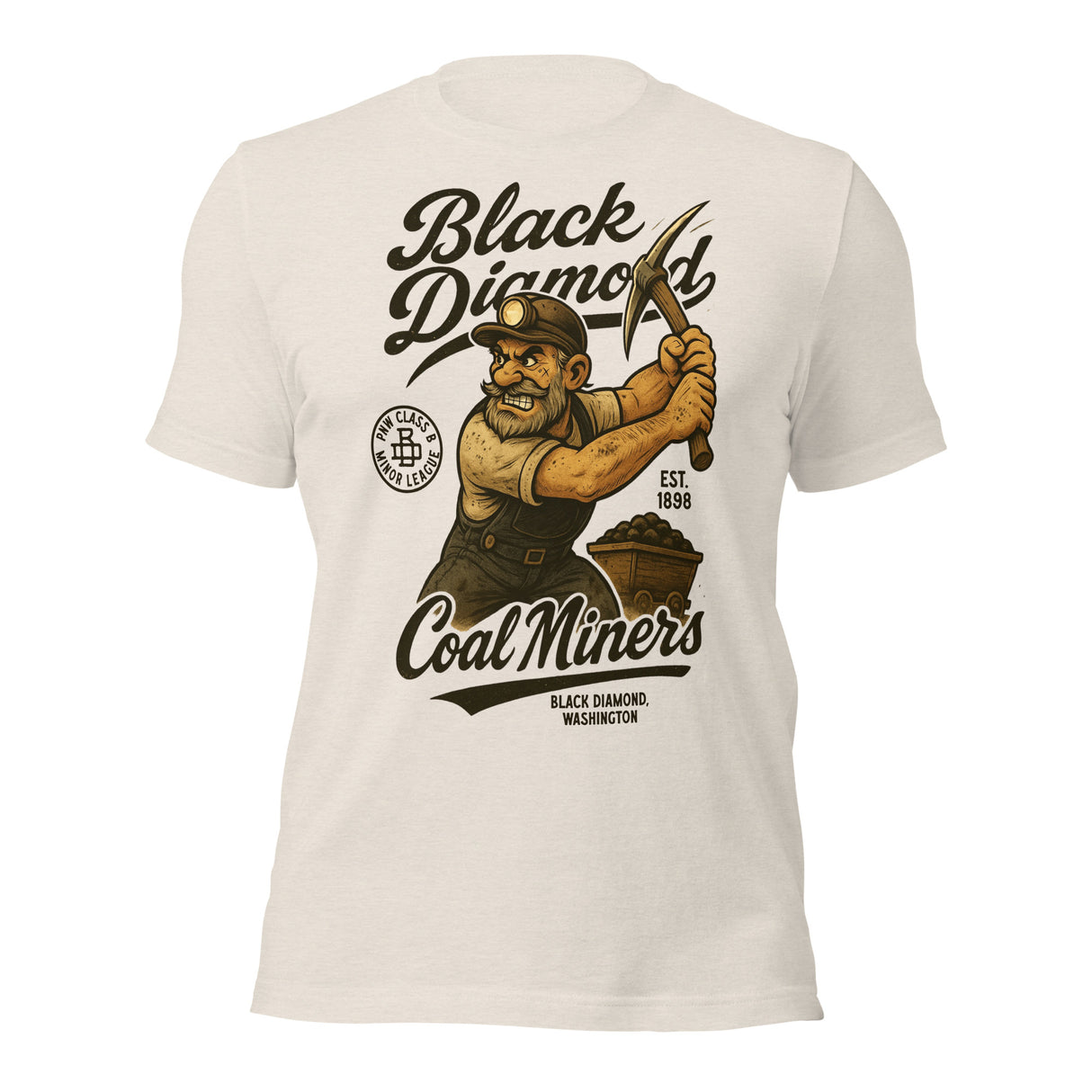 Flat lay of Black Diamond Coal Miners tee in Heather Dust showing front design with vintage miner mascot and retro script.