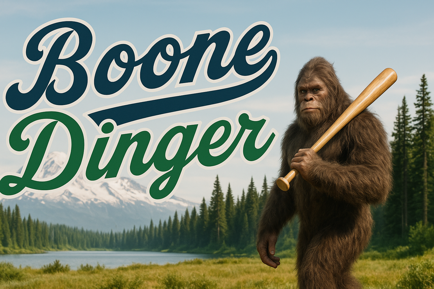 Retro-style photo of Bigfoot holding a baseball bat with "Boone Dinger" in bold cursive script across a scenic Pacific Northwest landscape featuring Mount Rainier and pine forests.