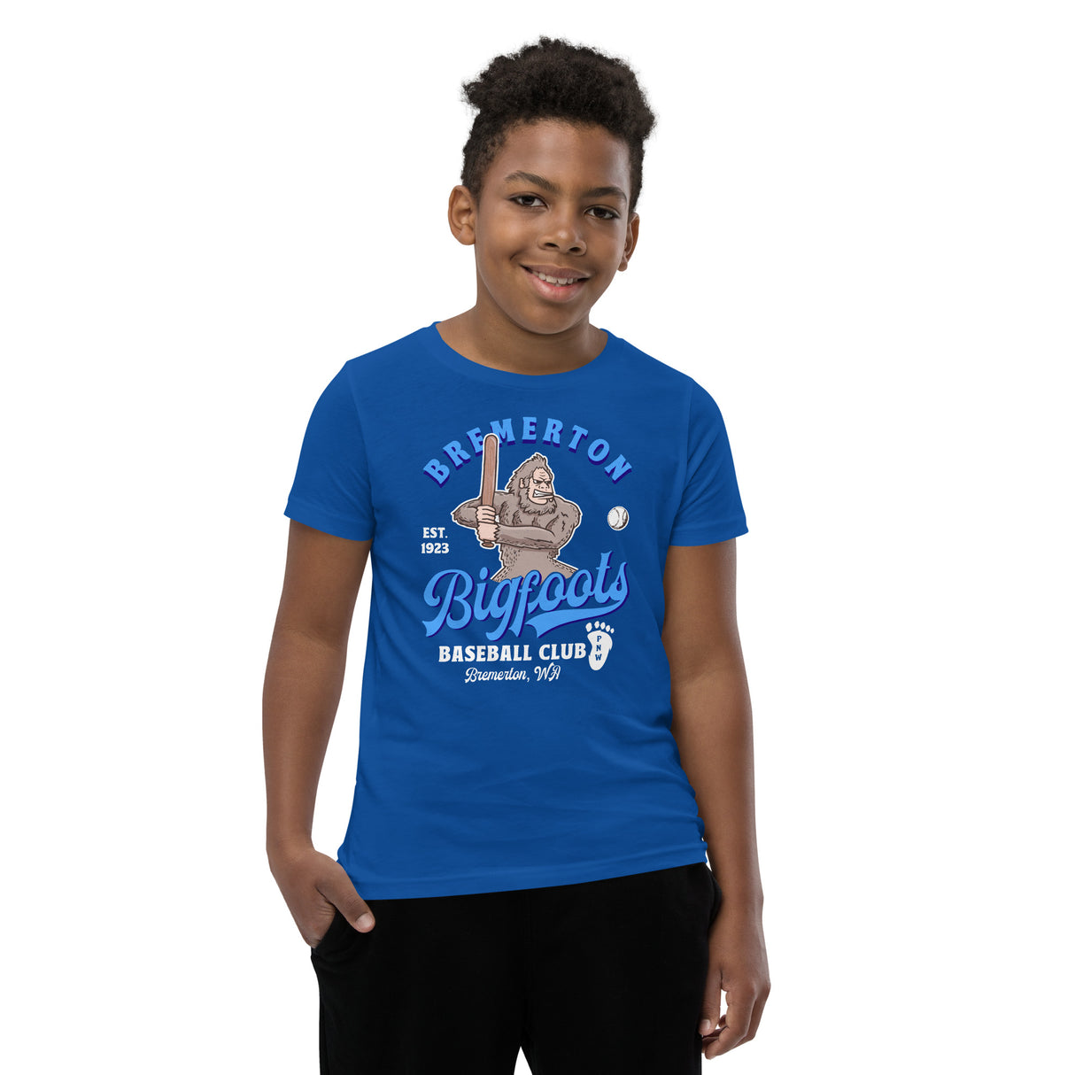 Boy in Bremerton Bigfoots t-shirt – Sasquatch baseball mascot tee