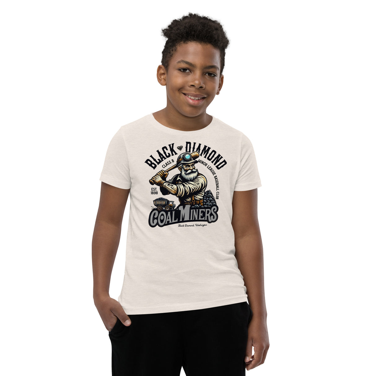Boy wearing Black Diamond Coal Miners tee – Outfield Outlaws youth shirt
