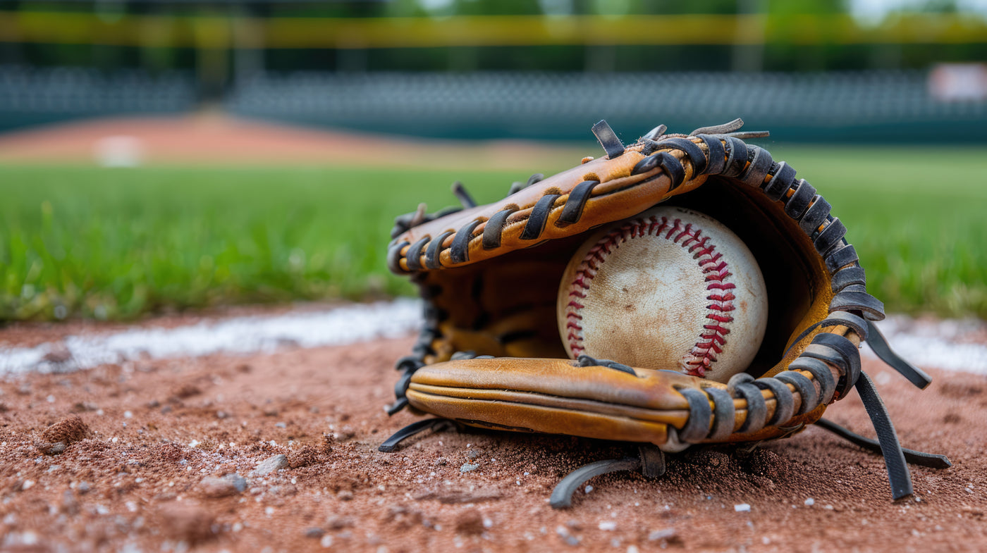 baseball glove with a baseball sitting in the dirt