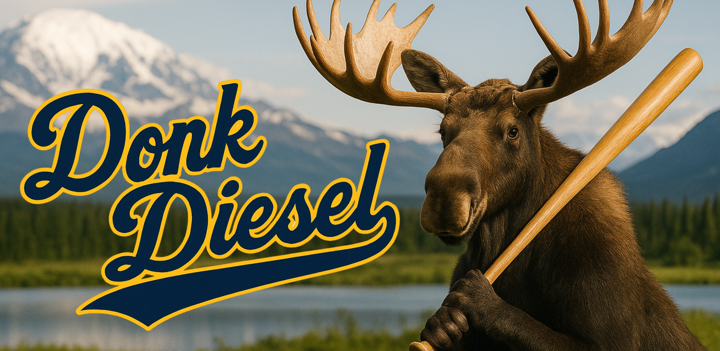 A powerful moose stands in front of a mountain lake in Alaska, holding a wooden baseball bat with both hooves. The text "Donk Diesel" appears in bold retro baseball script with navy blue lettering and a yellow outline, evoking a vintage sports logo style. Snow-capped peaks and evergreen trees create a dramatic natural backdrop.