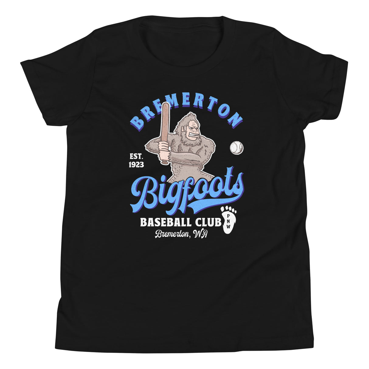 Bremerton Bigfoots Black Youth Mascot Shirt – Bella Canvas Flat Lay