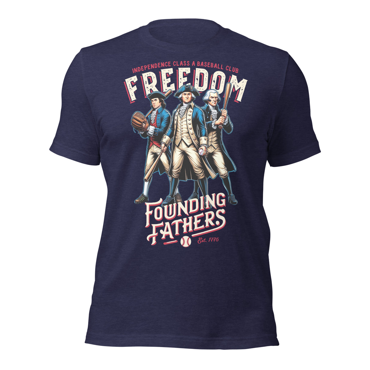 Flat lay of Founding Fathers Freedom Baseball Club shirt in heather navy blue, vintage colonial mascot design
