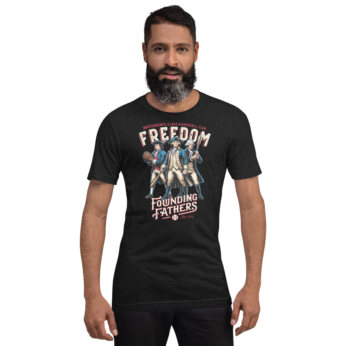 Male model wearing black Founding Fathers baseball t-shirt with retro patriotic mascot graphic