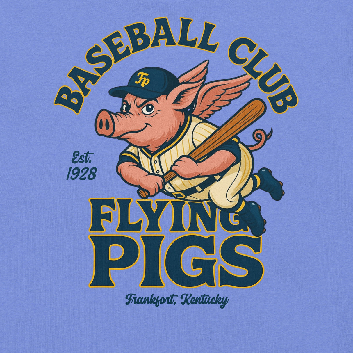 Close-up of Frankfort Flying Pigs baseball t-shirt design featuring retro cartoon pig in pinstripes with bat and wings