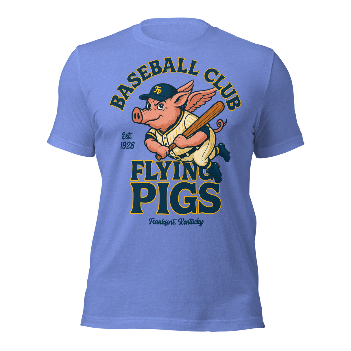 Flat lay of Frankfort Flying Pigs retro baseball mascot shirt in heather columbia blue featuring winged pig swinging bat, on Bella Canvas 3001