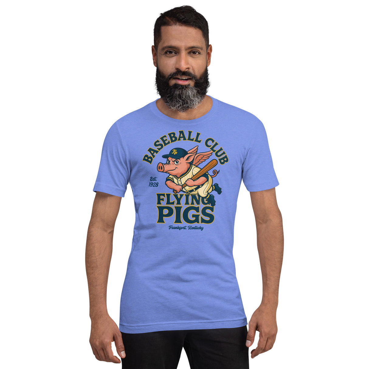 Male model wearing heather columbia blue Frankfort Flying Pigs t-shirt featuring retro flying pig baseball mascot, Outfield Outlaws unisex fit