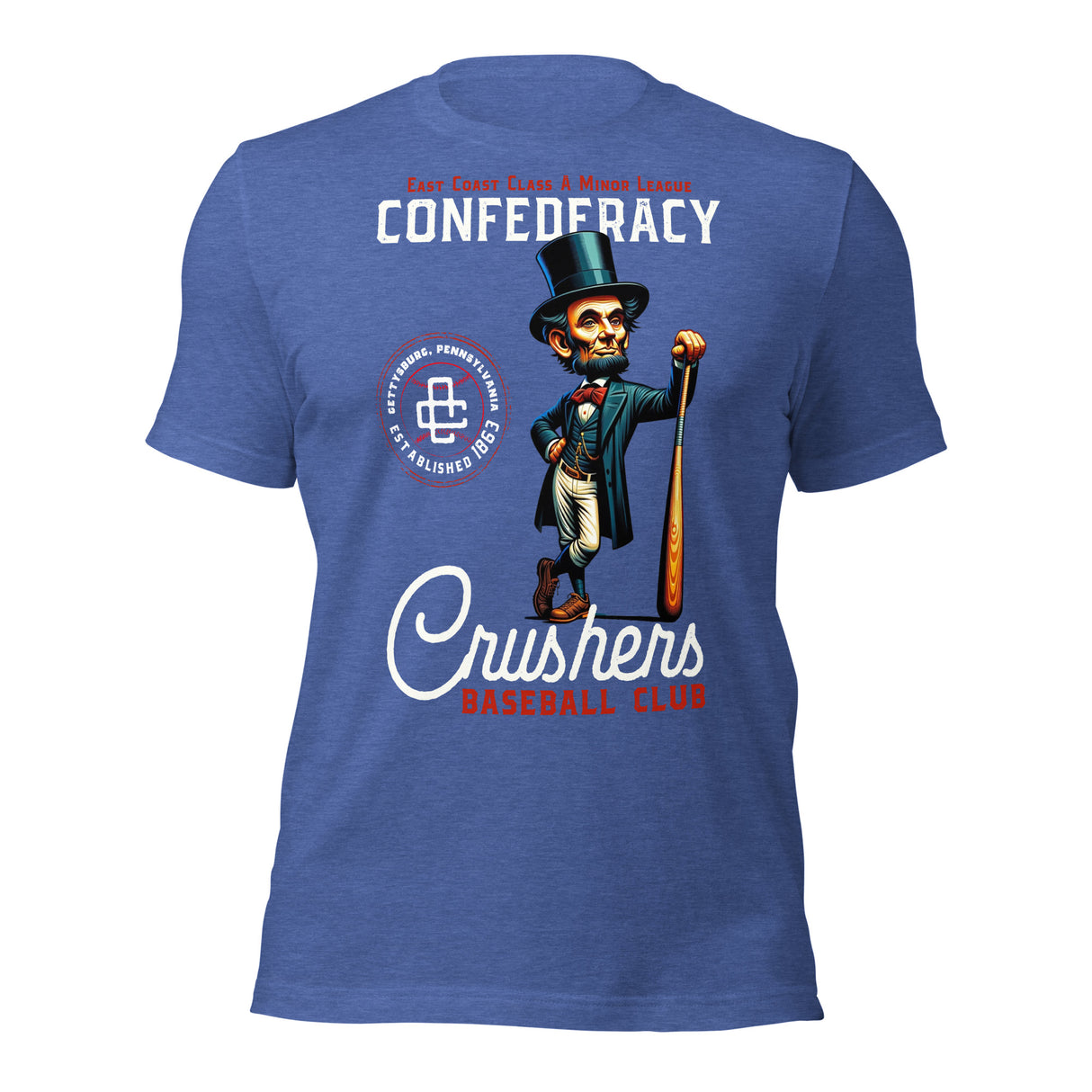 Flat lay of Gettysburg Crushers baseball t-shirt in royal blue featuring vintage historic mascot design and baseball club artwork