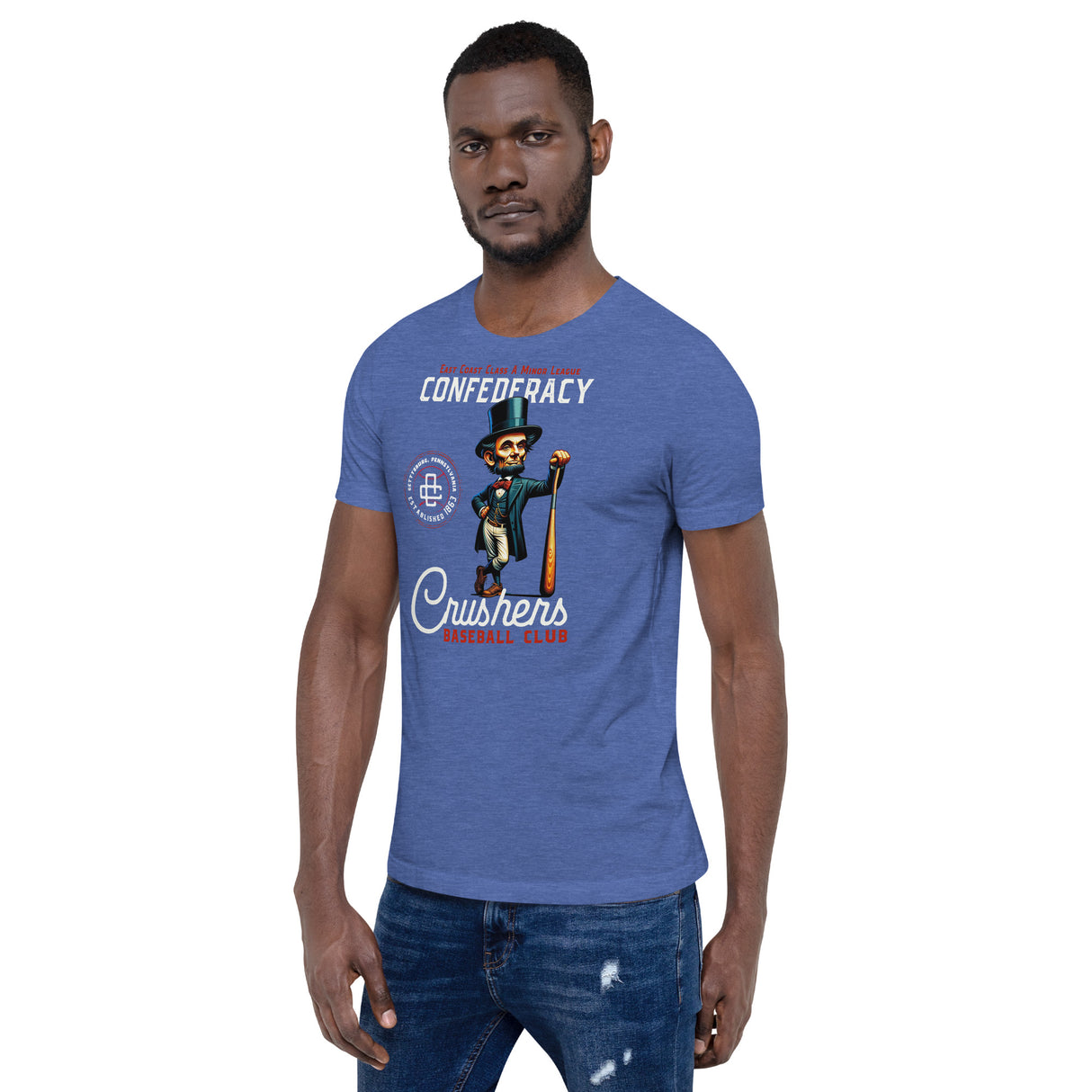 Male model wearing black Gettysburg Crushers baseball club t-shirt with patriotic mascot design